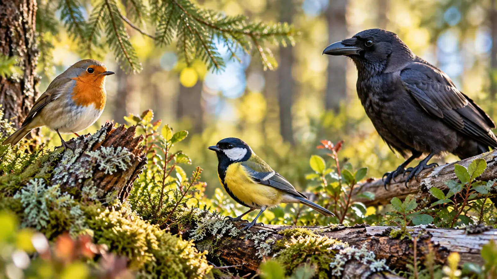 Punarinta, talitiainen ja varis metsässä